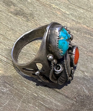 Load image into Gallery viewer, Vintage Ring with Turquoise and Red Coral