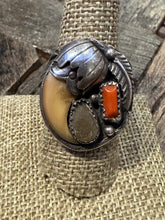 Load image into Gallery viewer, Vintage Bear Claw with Turquoise and Red Coral Ring