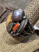 Load image into Gallery viewer, Vintage Bear Claw with Turquoise and Red Coral Ring