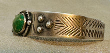 Load image into Gallery viewer, Fred Harvey Era Silver Cuff w Turquoise Stone, Repousse' and Stampwork