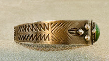 Load image into Gallery viewer, Fred Harvey Era Silver Cuff w Turquoise Stone, Repousse' and Stampwork