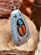 Load image into Gallery viewer, Old Pawn Navajo American Indian Shadowbox Pendant with Turquoise and Coral Stones