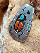 Load image into Gallery viewer, Old Pawn Navajo American Indian Shadowbox Pendant with Turquoise and Coral Stones