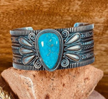 Load image into Gallery viewer, Large natural, high-grade Pilot Mountain turquoise gem Cuff, very detailed mountain wide band