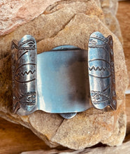 Load image into Gallery viewer, Navajo large heavy-gauge oxidized sterling silver cuff bracelet featuring large Turquoise stone