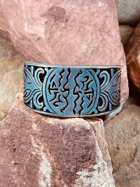 Vintage Taxco Mexico Sterling Silver Hinged Bracelet with newest Tribal Symbols