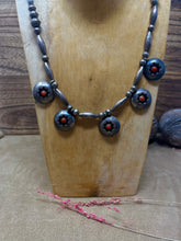 Load image into Gallery viewer, Navajo Pearl Necklace with 5 Coral Snake Eyes Shadow Box Pendants
