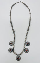Load image into Gallery viewer, Navajo Pearl Necklace with 5 Coral Snake Eyes Shadow Box Pendants