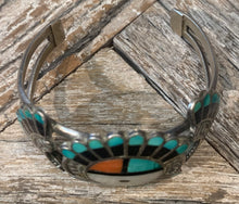 Load image into Gallery viewer, Zuni Sunface Cuff with Turquoise and Coral stones