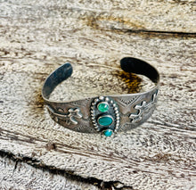 Load image into Gallery viewer, Fred Harvey Era Cuff with 3 Turquoise Cabochons