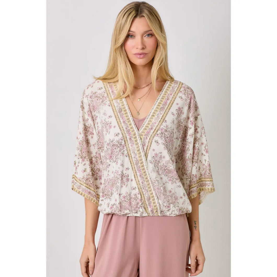 Border Print Front Wrap Kimono Top