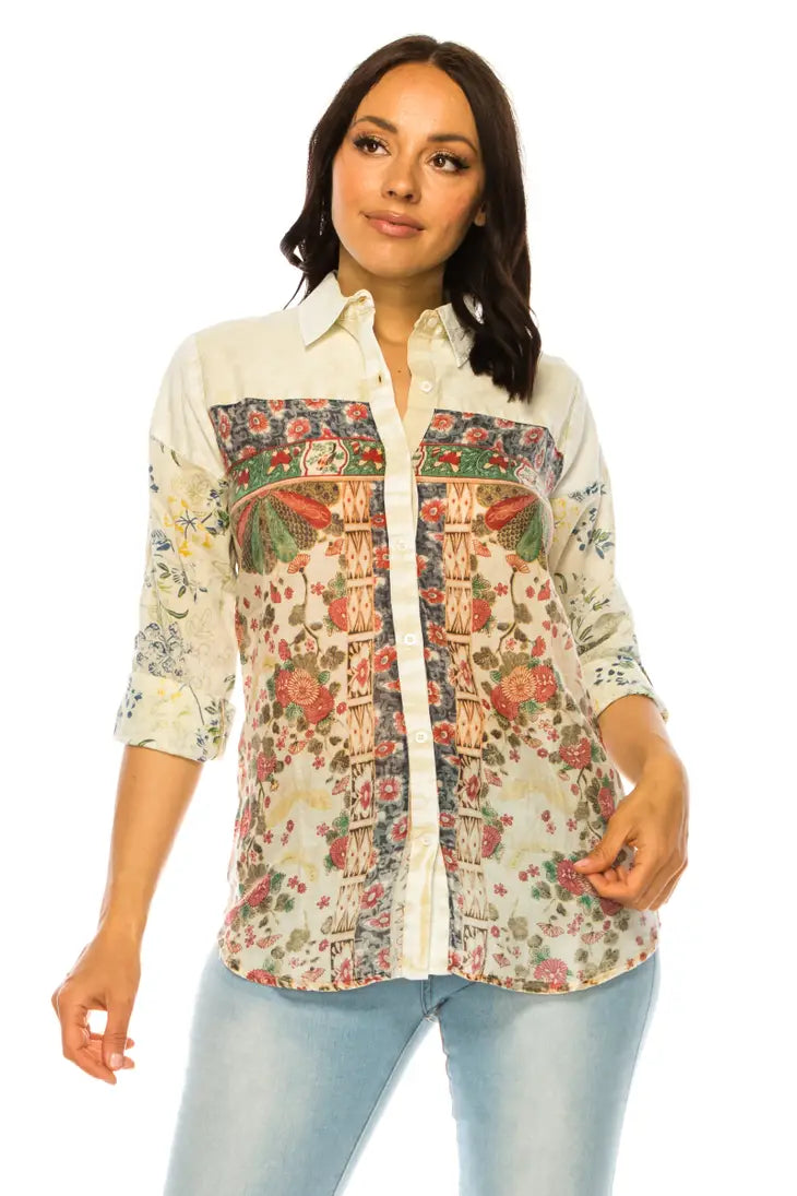 Floral Mixed Print Shirt with Vintage Wash