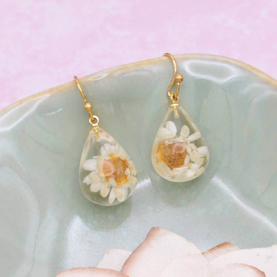 White Dried Flower Clear Teardrop Earrings