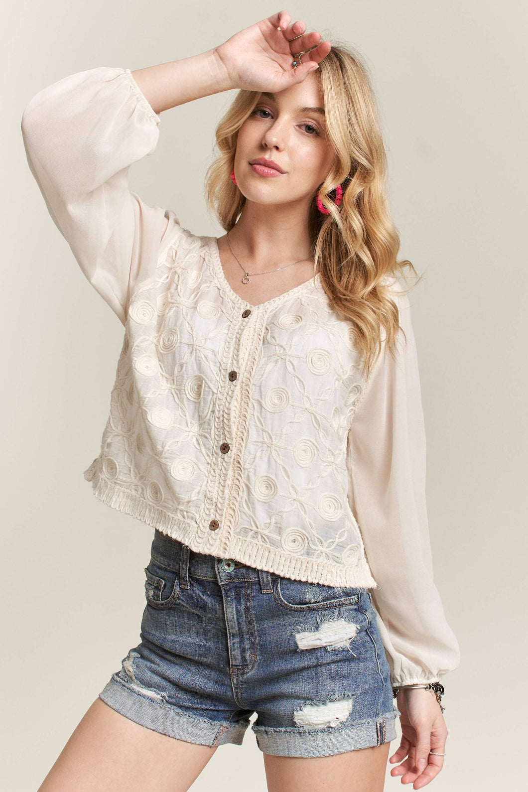 EMBROIDERED BUTTON DOWN WOVEN BLOUSE