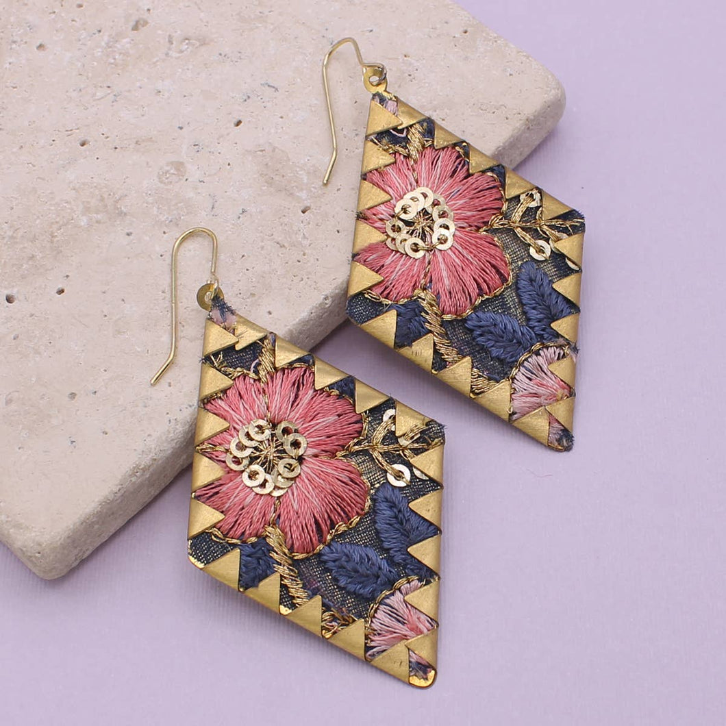 Pink Embroidered Crimped Set Diamond Earrings