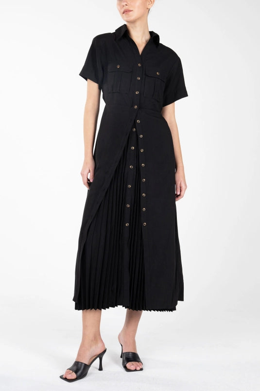 Long Collared Maxi Dress with Pleated Details-BLACK
