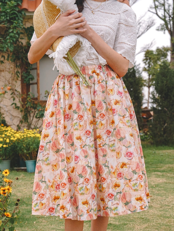 Pastel Pink Floral Fantasy Midi Skirt