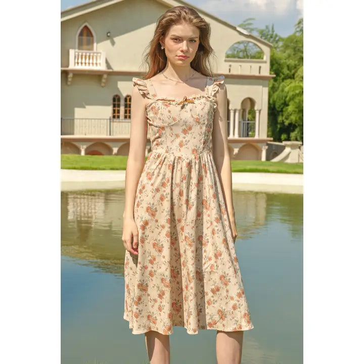 Floral Corduroy Dress with Bow and Ruffles