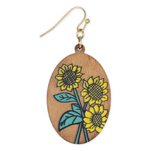 Load image into Gallery viewer, Wood Sunflower Sketch Oval Earrings
