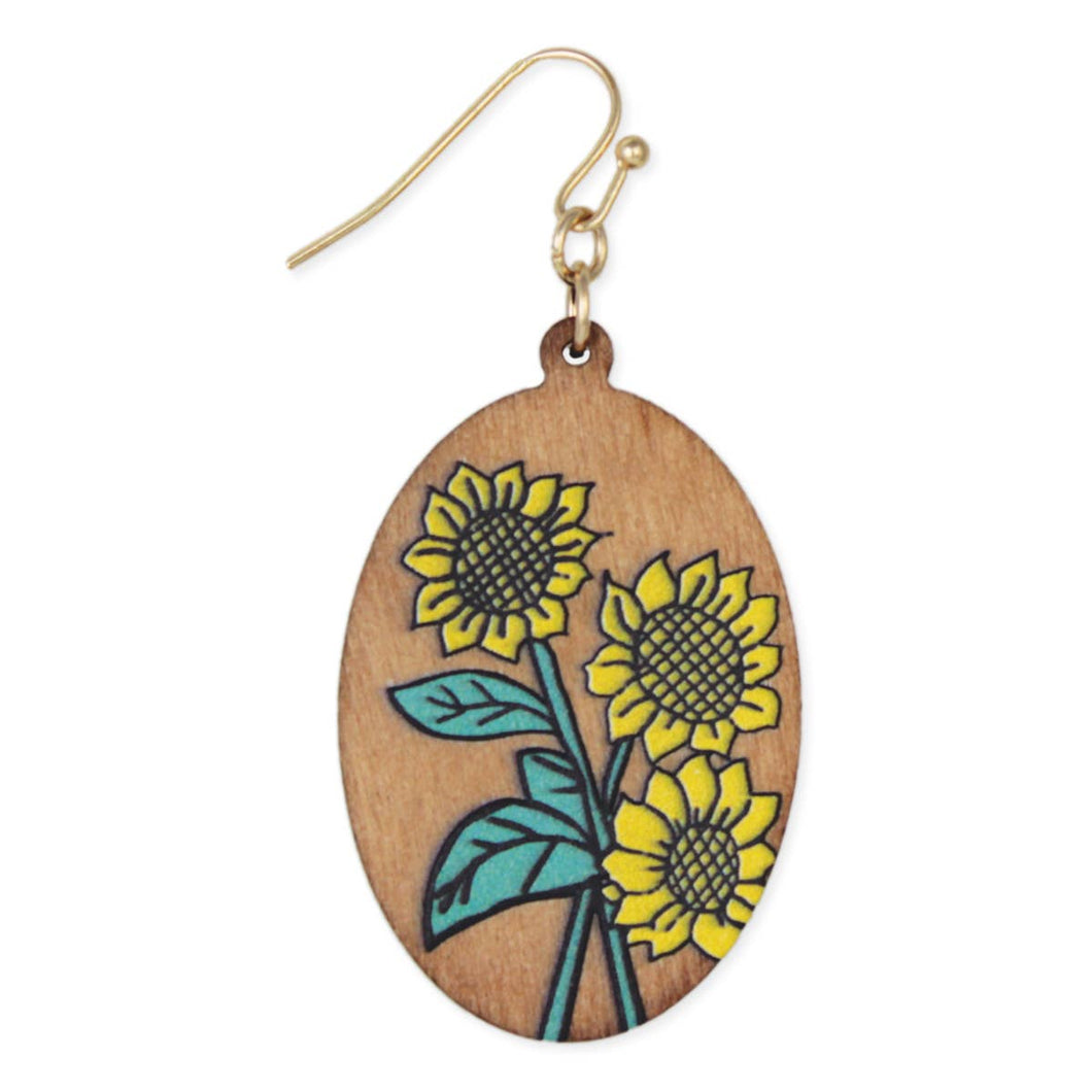 Wood Sunflower Sketch Oval Earrings