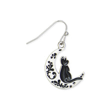 Load image into Gallery viewer, Feline Dreams Silver Moon Black Cat Earrings
