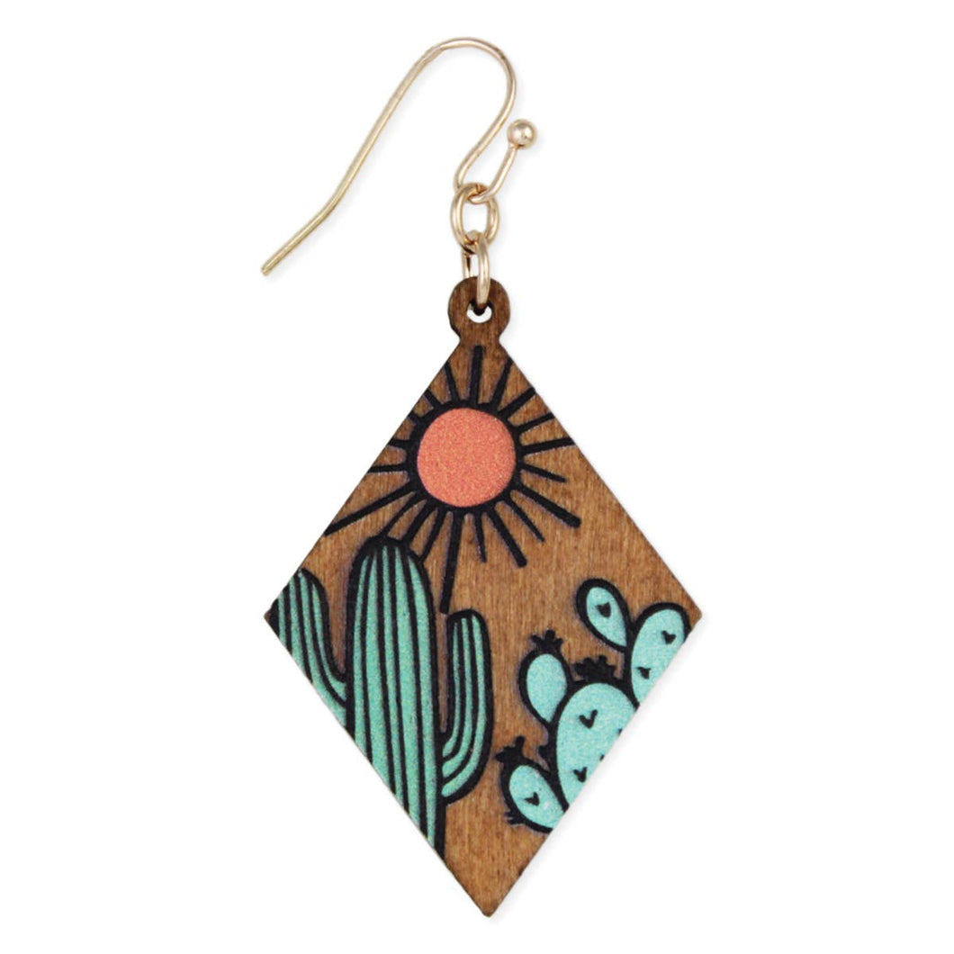 Desert Dreams Cactus Sketch Wood Earrings