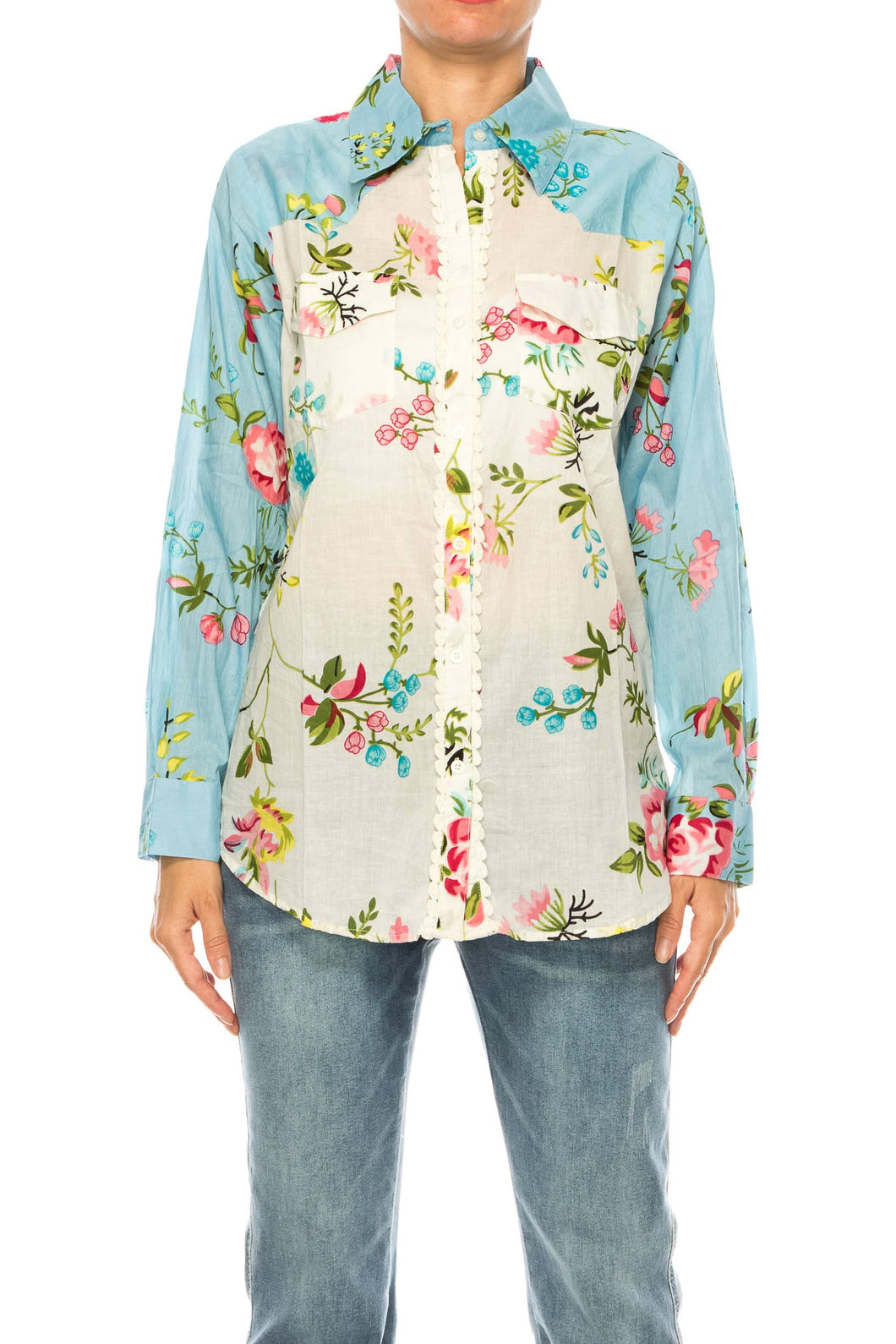 Floral Split Print Button Down Shirt with Lace