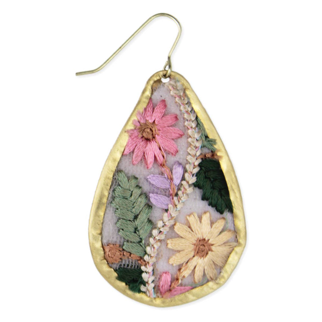 Floral Vines Embroidered Gold Teardrop Earrings