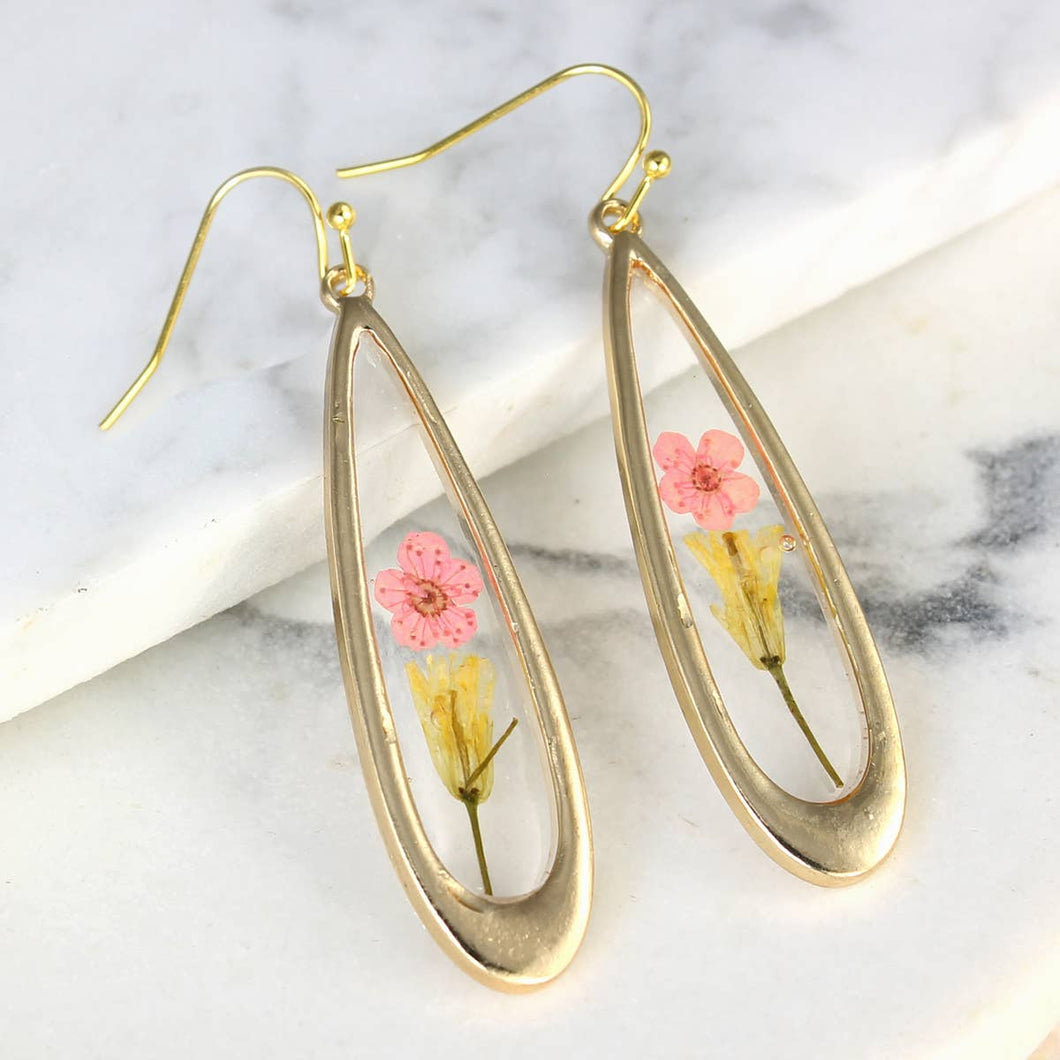 Pink Dried Flower Gold Earrings