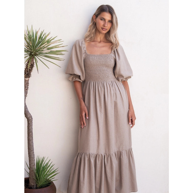 Almeria Smocked Midi Linen Dress