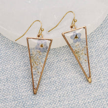 Load image into Gallery viewer, Long Triangle Gold Dried Flower Earrings
