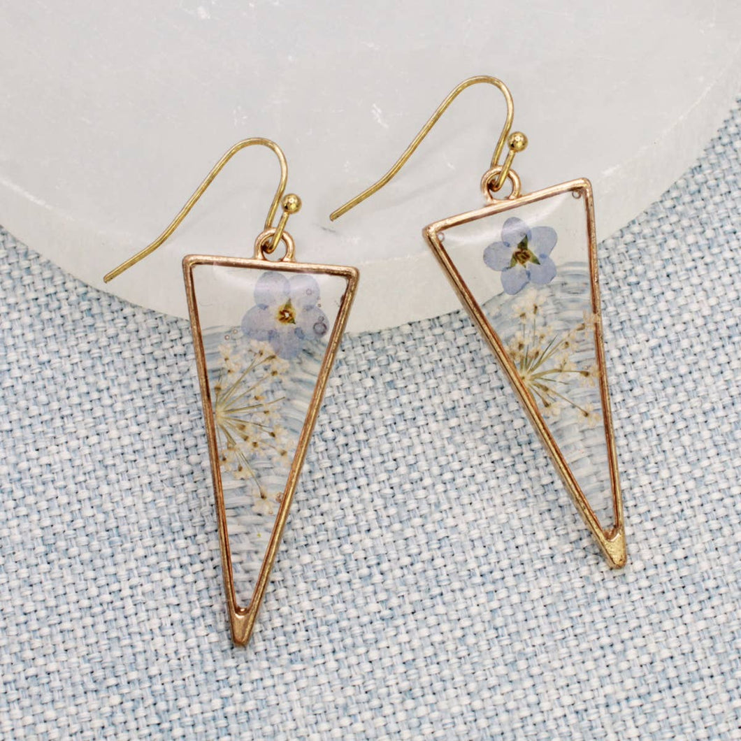 Long Triangle Gold Dried Flower Earrings