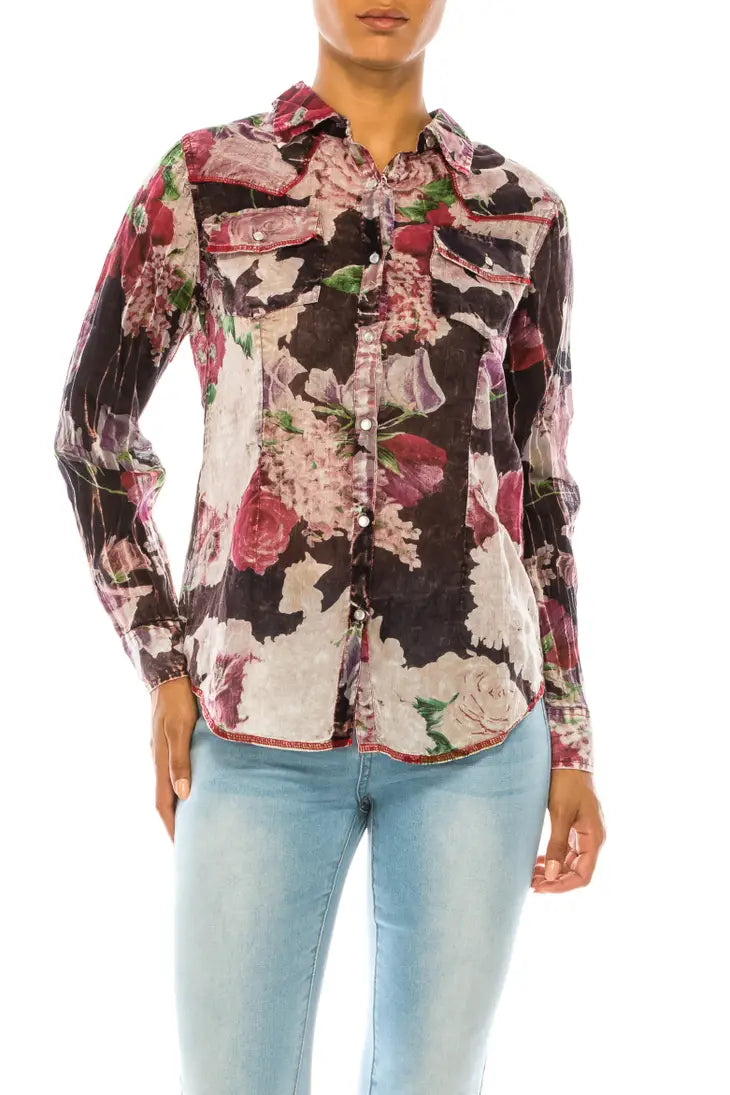 Navy Floral Western Shirt with Vintage Wash