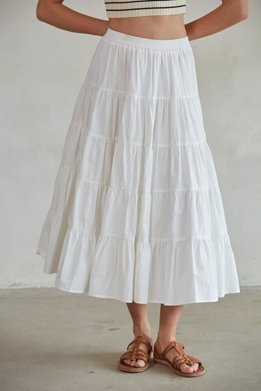 Woven Cotton Flare Ruffled Midi Skirt