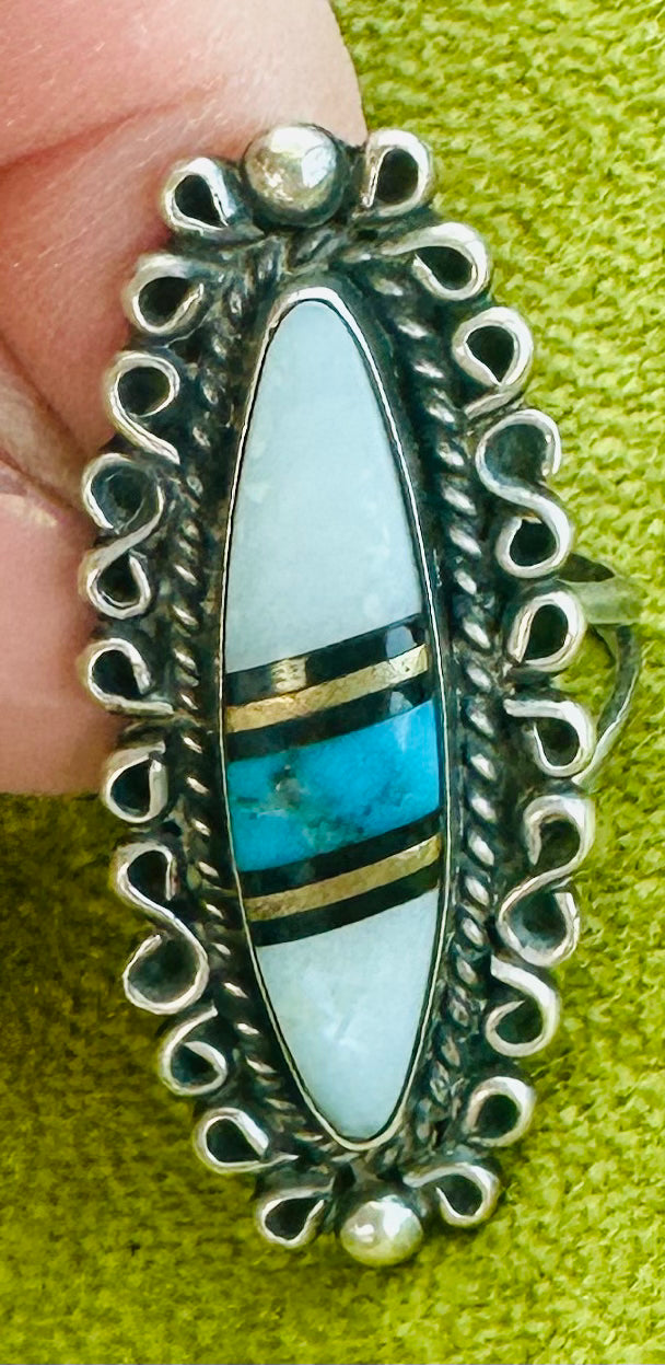 Vintage Zuni Inlay with Turquoise, onyx and Mother of Pearl