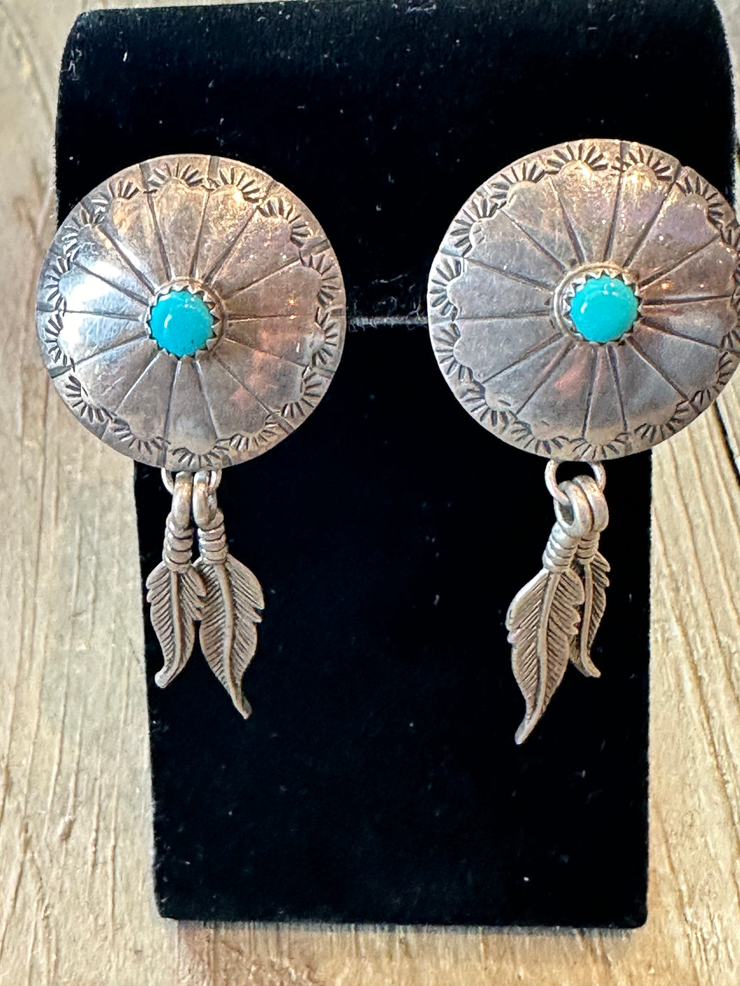 Old Pawn concho earring w/turquoise and feathers