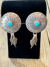 Load image into Gallery viewer, Old Pawn concho earring w/turquoise and feathers
