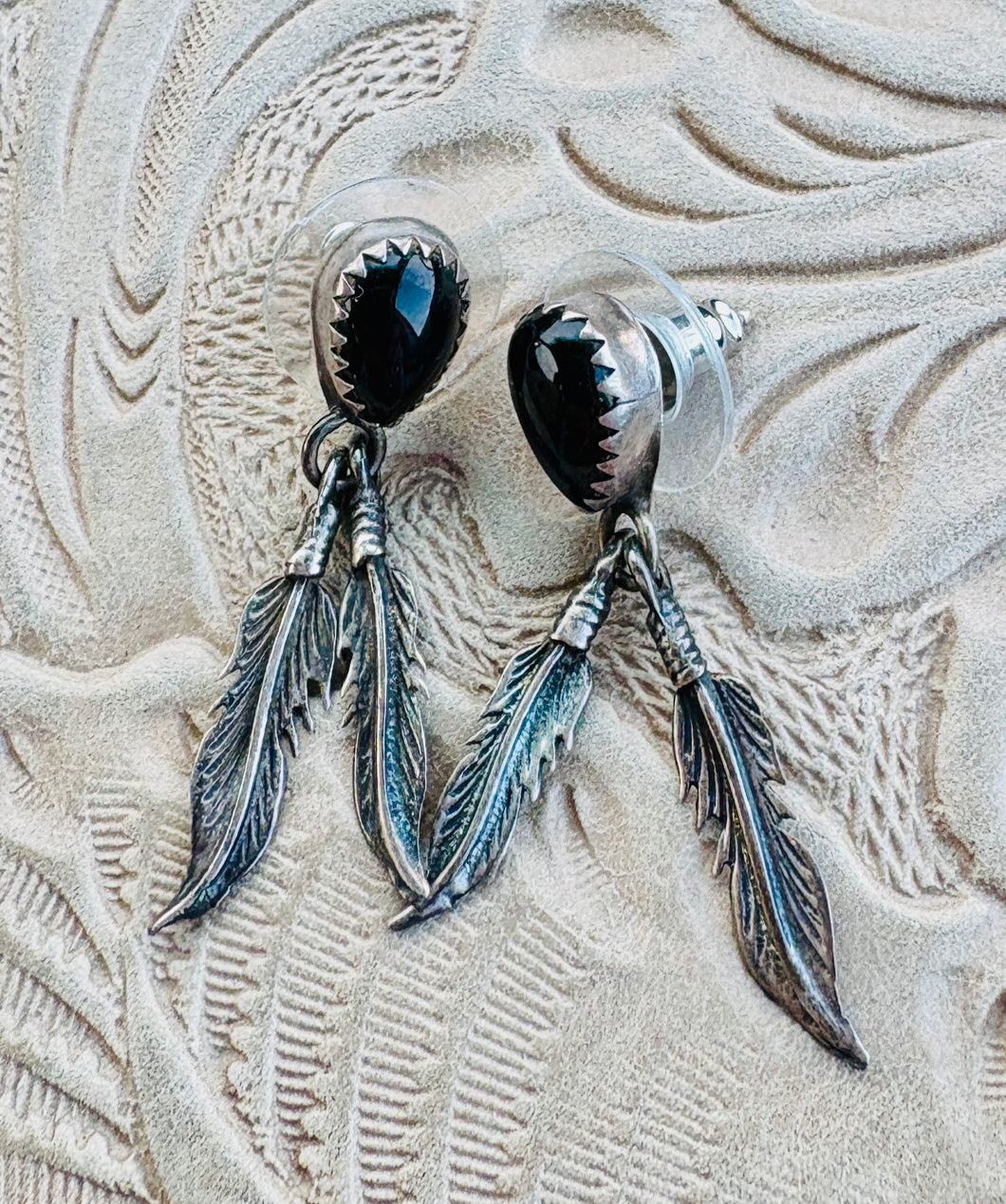 Vintage Onyx Feather Earrings
