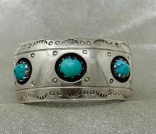 Load image into Gallery viewer, Navajo Old Pawn Sterling Silver Cuff with 3 Shadow Box Turquoise Stones
