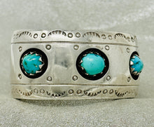 Load image into Gallery viewer, Navajo Old Pawn Sterling Silver Cuff with 3 Shadow Box Turquoise Stones
