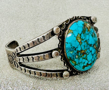 Load image into Gallery viewer, Navajo Vintage Cuff Features Large Blue Turquoise Stone
