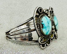 Load image into Gallery viewer, Fred Harvey Era Silver Cuff w 2 Turquoise Stones
