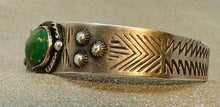 Load image into Gallery viewer, Fred Harvey Era Silver Cuff w Turquoise Stone, Repousse&#39; and Stampwork

