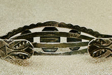 Load image into Gallery viewer, Fred Harvey Era Silver Cuff with 3 oval Turquoise Stones, Repousse&#39; and Stampwork
