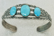 Load image into Gallery viewer, Fred Harvey Era Silver Cuff with 3 oval Turquoise Stones, Repousse&#39; and Stampwork
