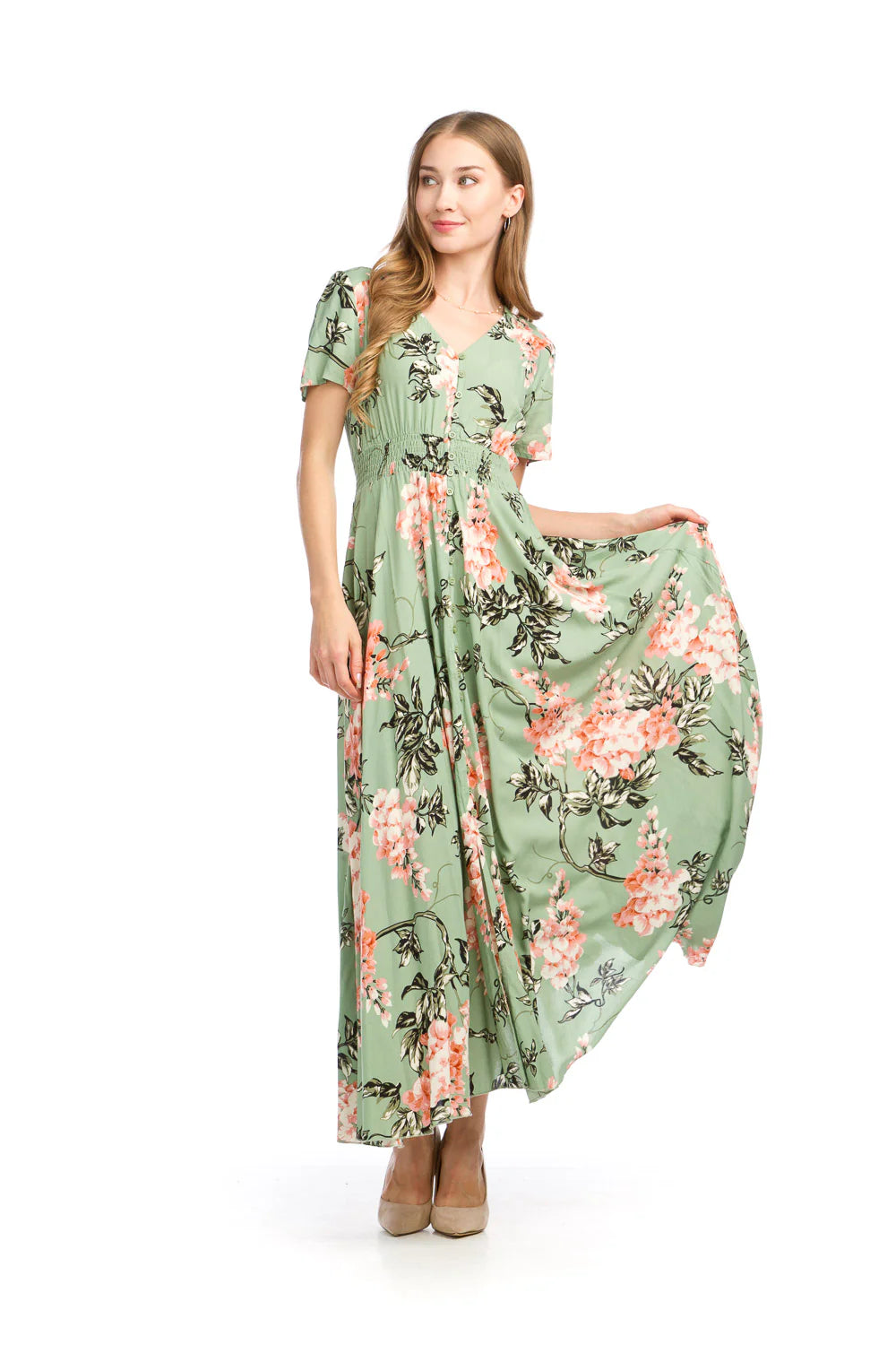 Floral Print Short Sleeve Button Front Maxi