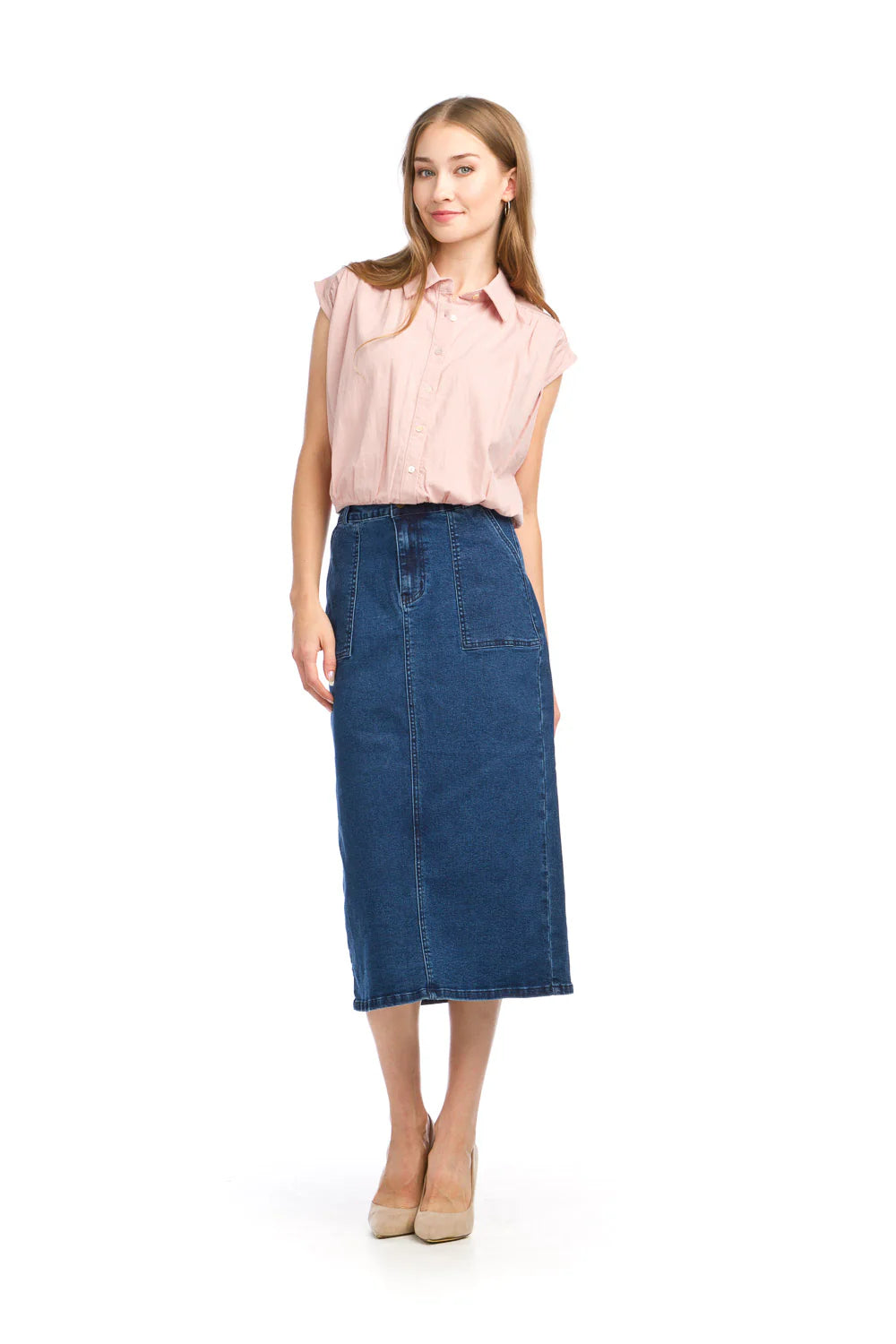 Stretch Denim Maxi Skirt with Front Slit