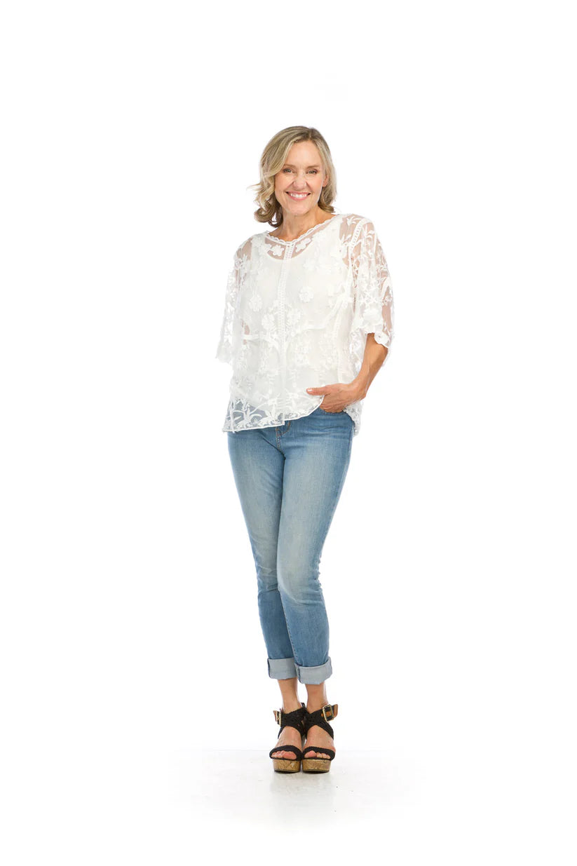 Embroidered Mesh Blouse with Stretch Lining