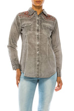 Load image into Gallery viewer, Gray Over-Dye Western Shirt with Embroidery
