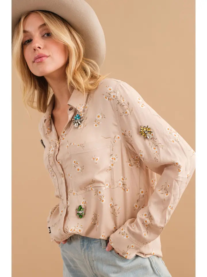 Floral Button Up Jeweled Shirt Blouse